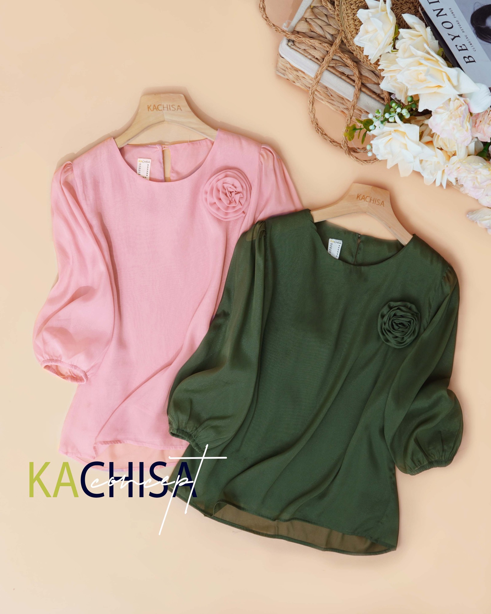 Áo Tơ Organza tay phồng phối hoa hồng, nhẹ mát - Organza 2 lớp kín đáo