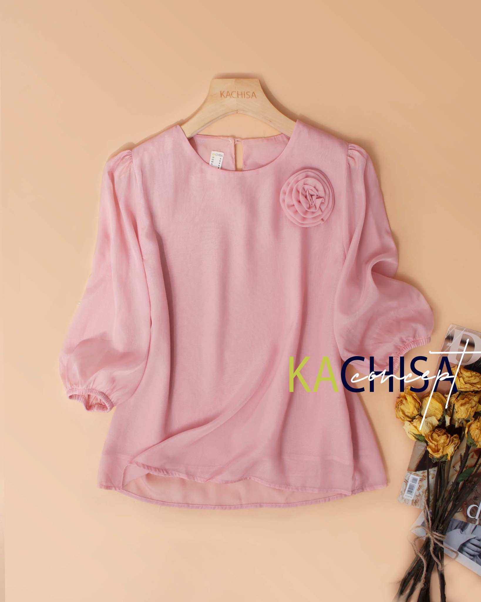 Áo Tơ Organza tay phồng phối hoa hồng, nhẹ mát - Organza 2 lớp kín đáo - Hình ảnh 7