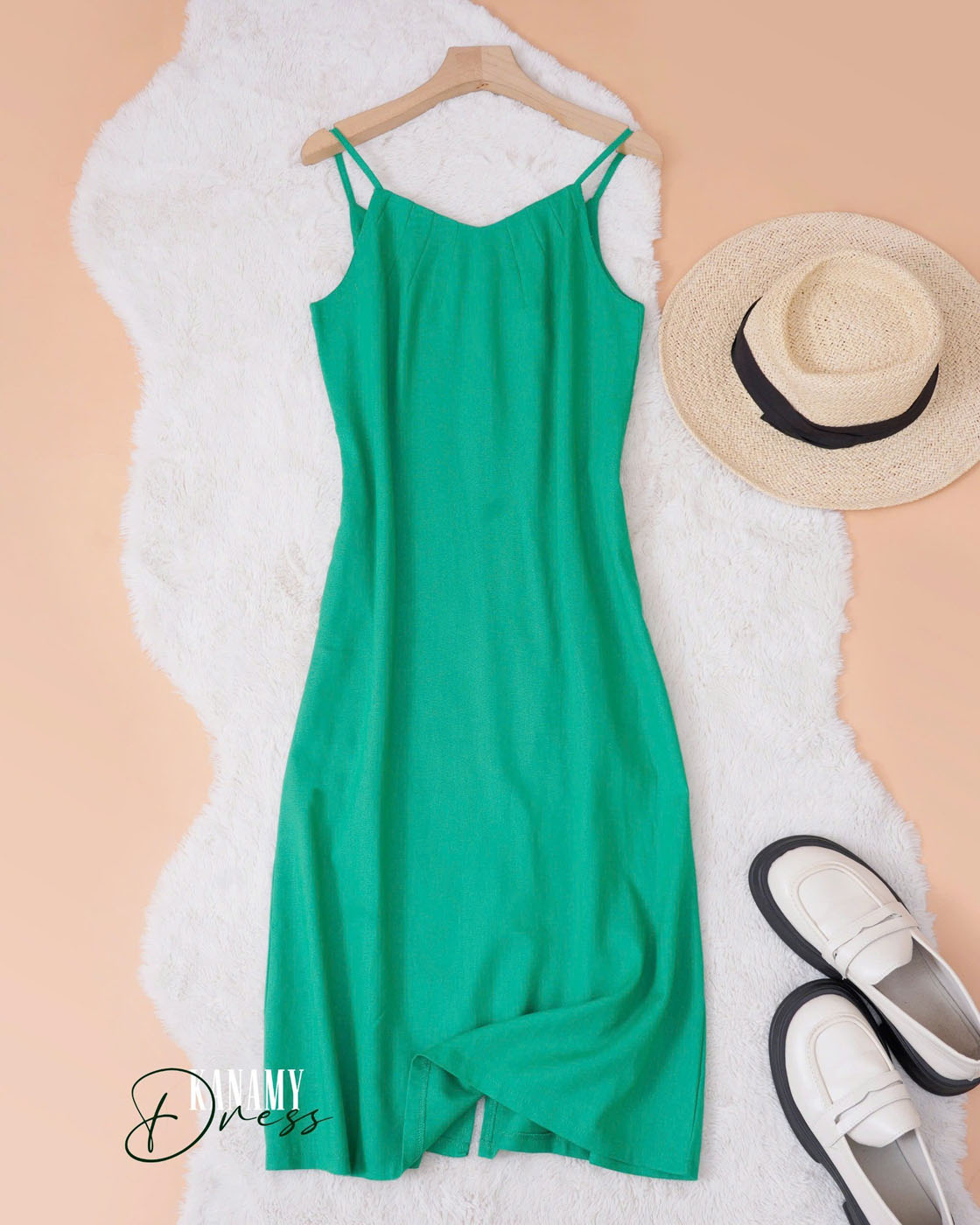 Đầm 2 Dây Linen Bột xếp ly ở cổ thanh lịch, đầm sát nách cổ V điểm nhấn xếp ly dành cho nữ