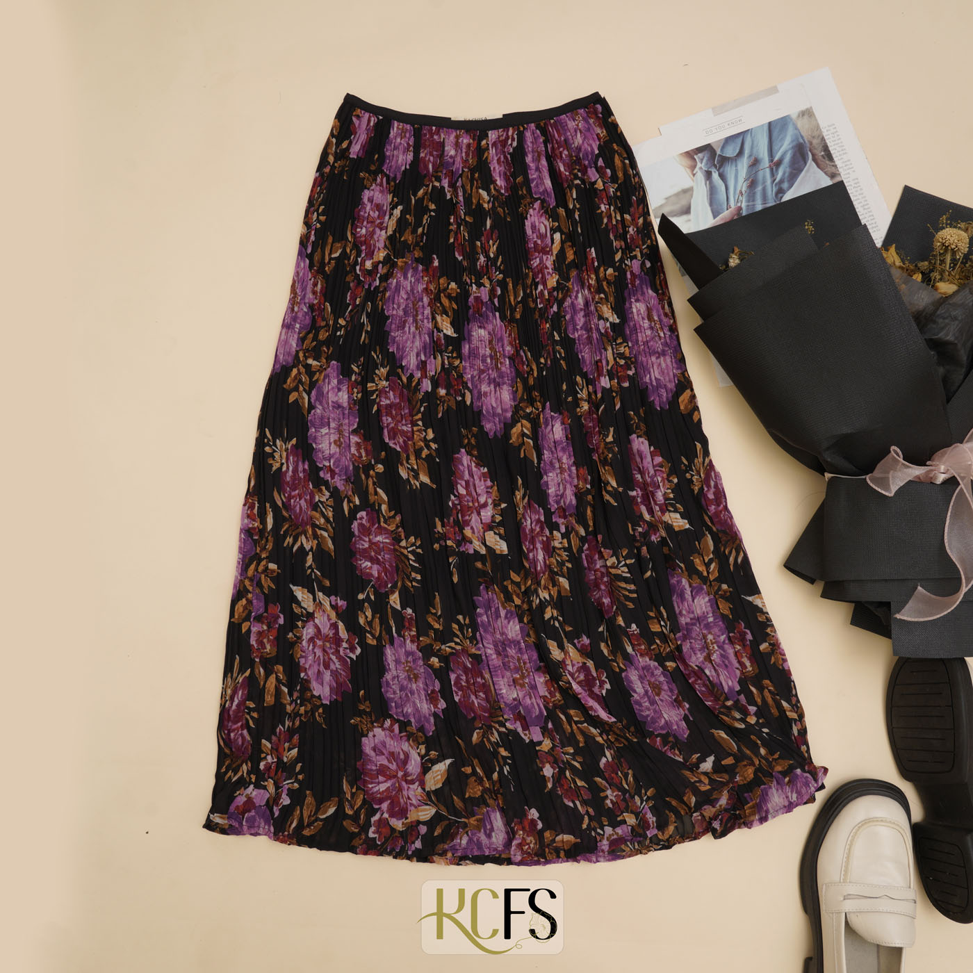 Chân váy Tơ voan in hoa Dập ly 2 sóng, có lót lụa Habutai mềm mại, sang trọng