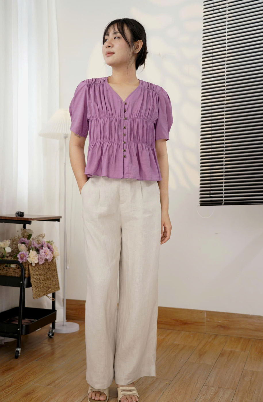 Áo Kiểu Tơ Cotton Cổ V nhún thun - Smocking 1 mũi, thoáng mát, co giãn nhẹ - Hình ảnh 6