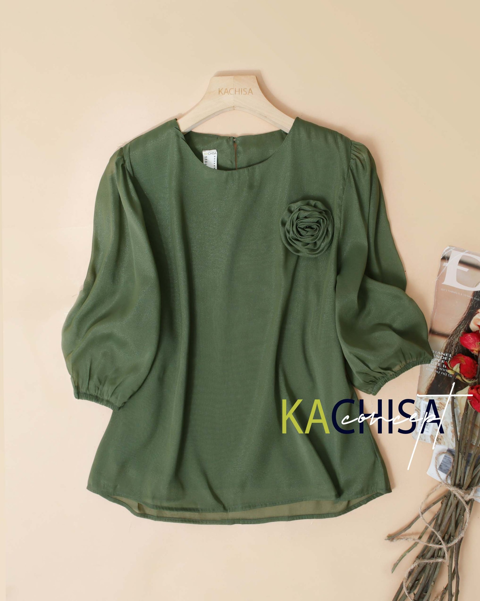 Áo Tơ Organza tay phồng phối hoa hồng, nhẹ mát - Organza 2 lớp kín đáo - Hình ảnh 5