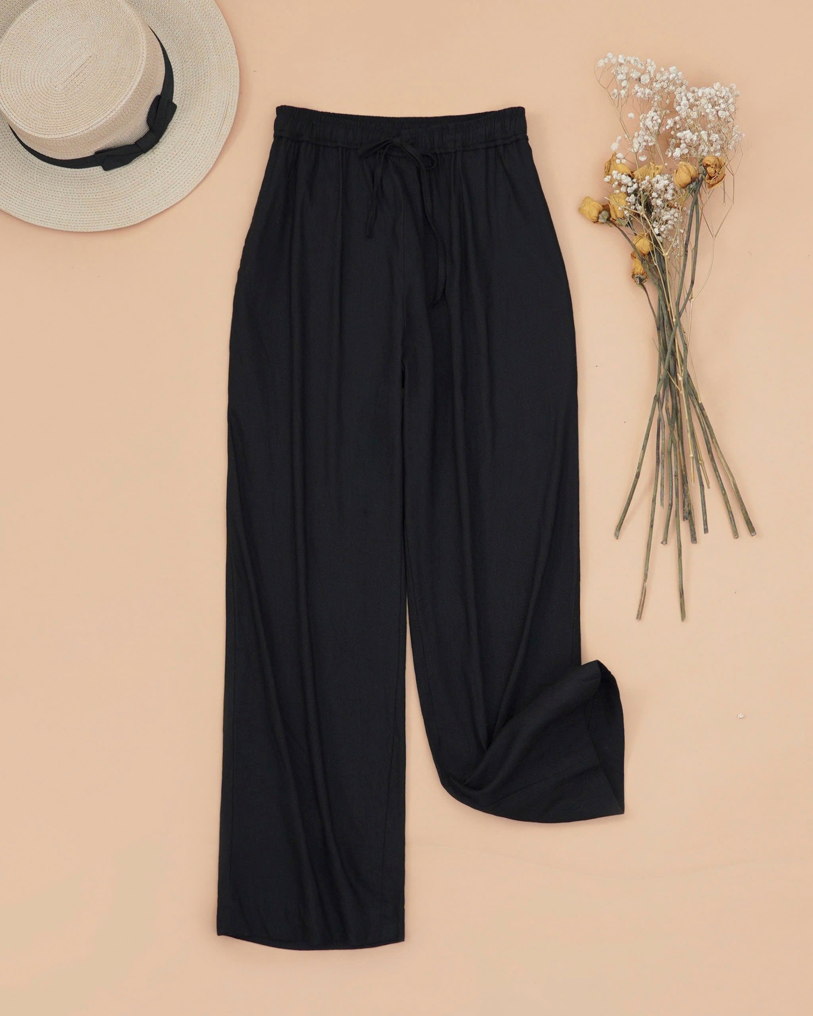 Quần Ống Suông Nữ Chất Linen Lưng Thun Thoải Mái, phối dây rút tiện lợi