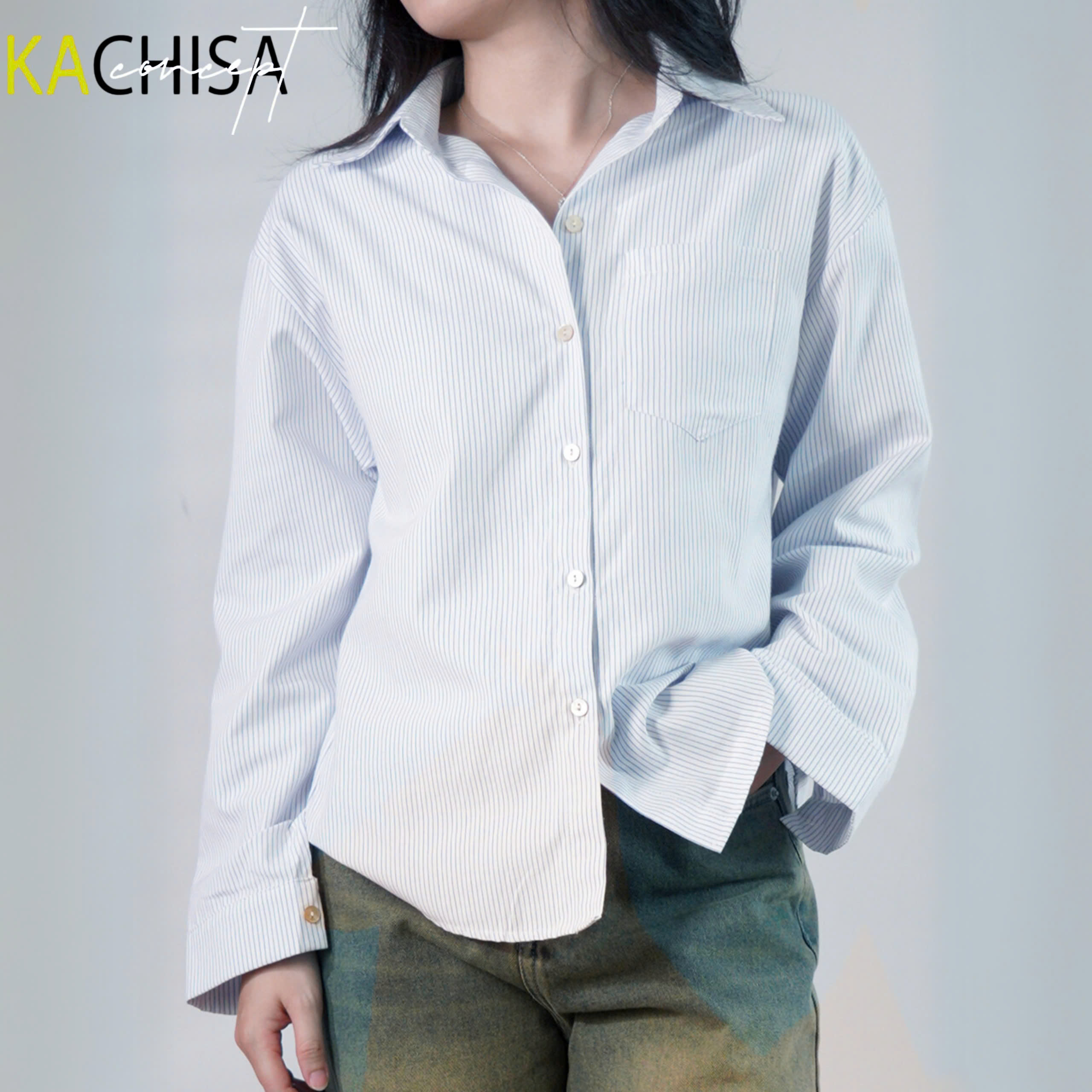 Áo Sơ Mi tay dài Oxford sọc, chất Wash mềm mại, siêu nhẹ mát, công sở nữ - Sọc Xanh