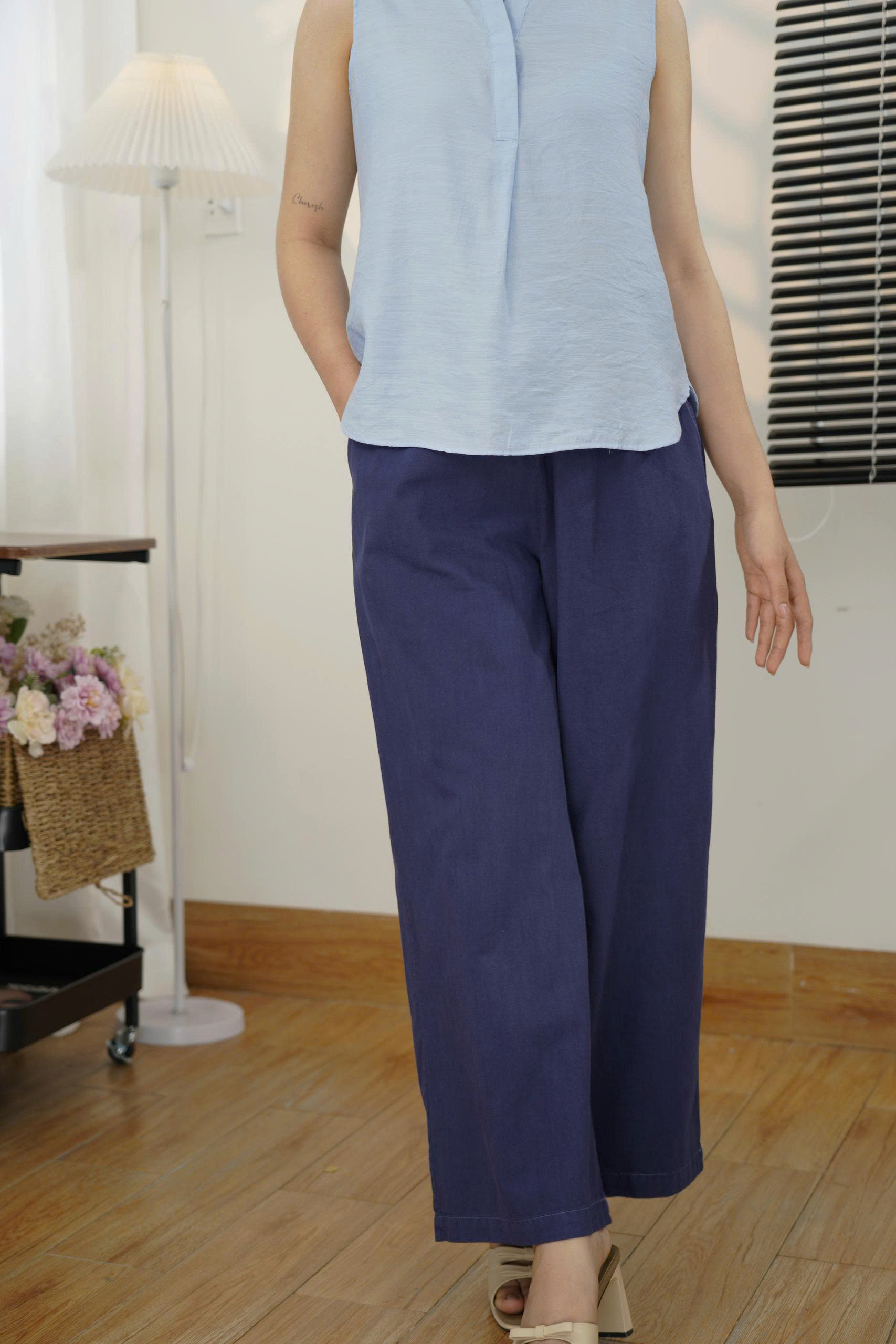 Quần Ống Suông Nữ Chất Linen Lưng Chun Bèo Phong Cách